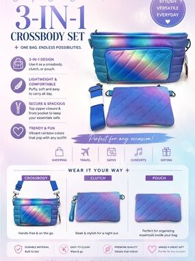 THINK ROYLN Rainbow Quilted 3-in-1 Crossbody Set - Blue Purple Pink Gradient